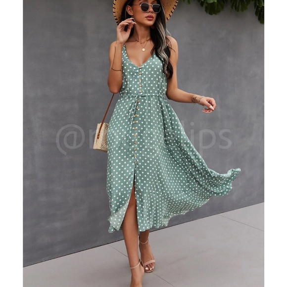 Rouge! Dresses & Skirts - Mint Green Polka Dot Midi Button Through Dress Flared V-Neck